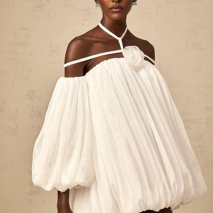 Morgan White Mini Dress Pleated Tulle Floral Applique