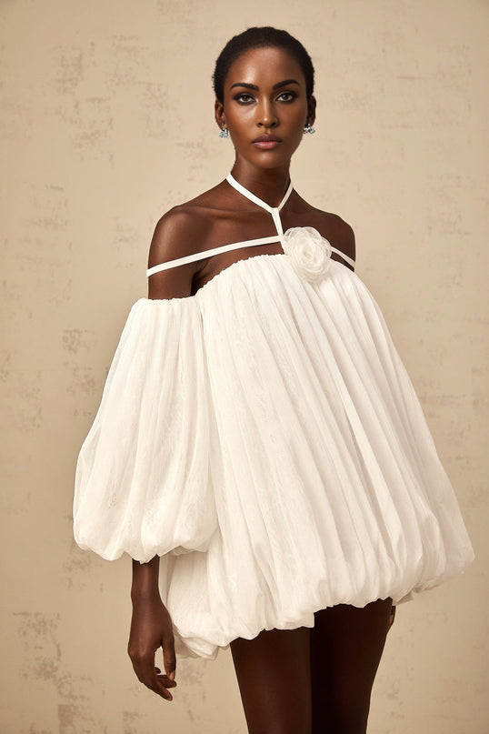 Morgan White Mini Dress Pleated Tulle Floral Applique