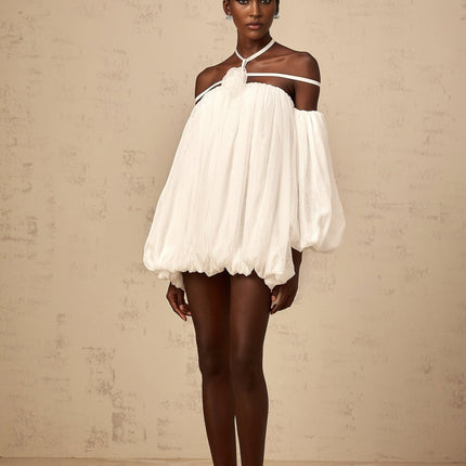 Morgan White Mini Dress Pleated Tulle Floral Applique