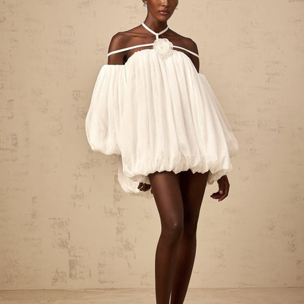 Morgan White Mini Dress Pleated Tulle Floral Applique