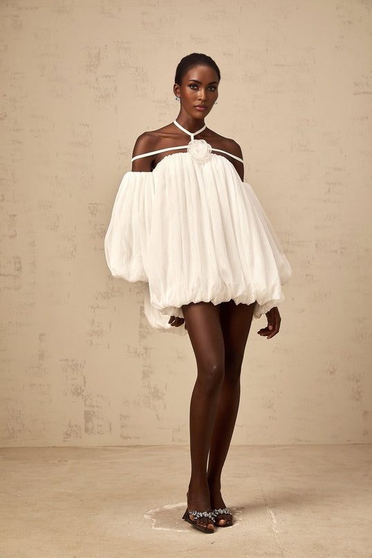 Morgan White Mini Dress Pleated Tulle Floral Applique