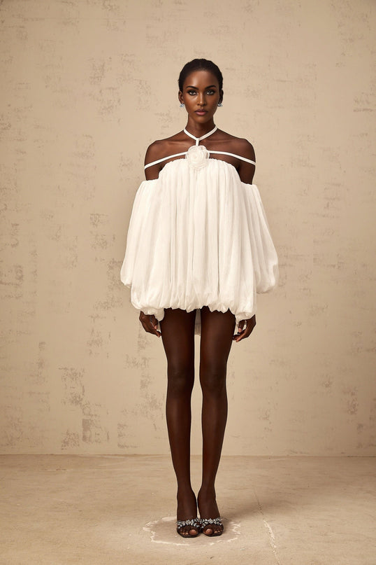 Morgan White Mini Dress Pleated Tulle Floral Applique