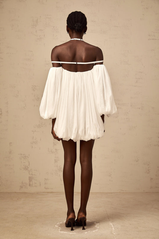 Morgan White Mini Dress Pleated Tulle Floral Applique