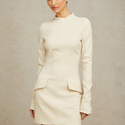 Morgan White Mini Dress with Mock Neck and Flared Cuffs in Terylene Fiber and Spandex