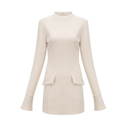 Morgan White Mini Dress with Mock Neck and Flared Cuffs