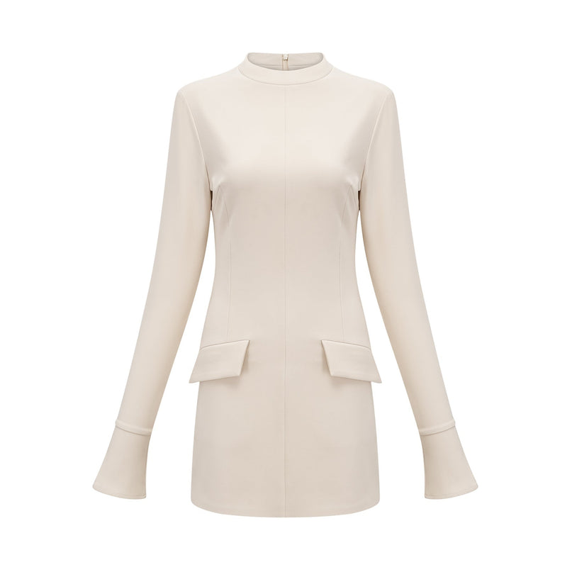 Morgan White Mini Dress with Mock Neck and Flared Cuffs
