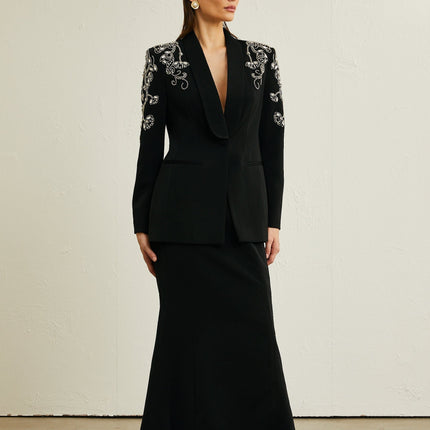 Morgane black embellished jacket  skirt matching set