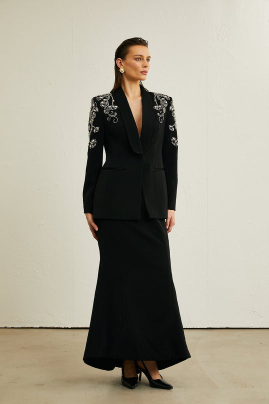 Morgane black embellished jacket  skirt matching set