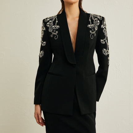 Morgane black embellished jacket  skirt matching set