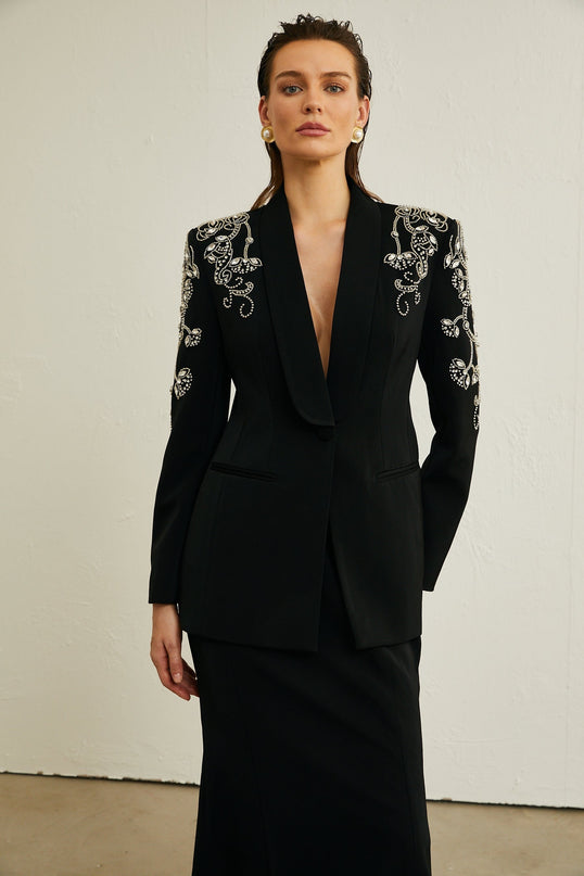 Morgane black embellished jacket  skirt matching set