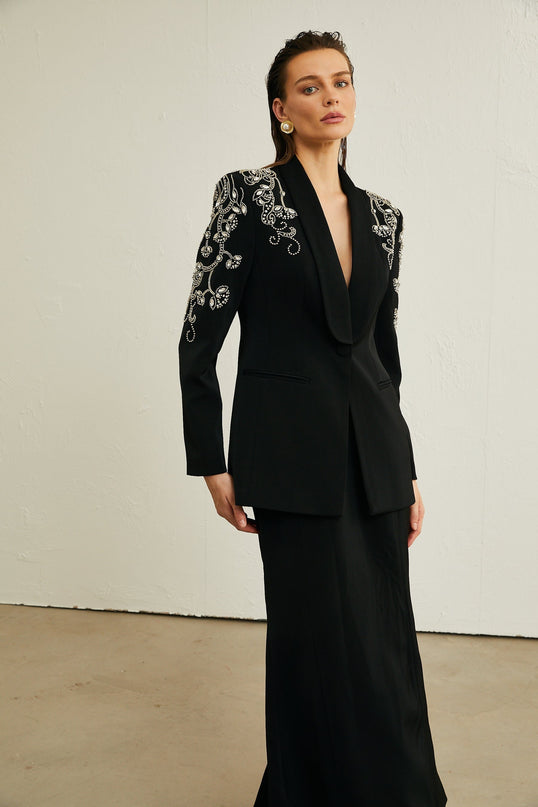 Morgane black embellished jacket  skirt matching set