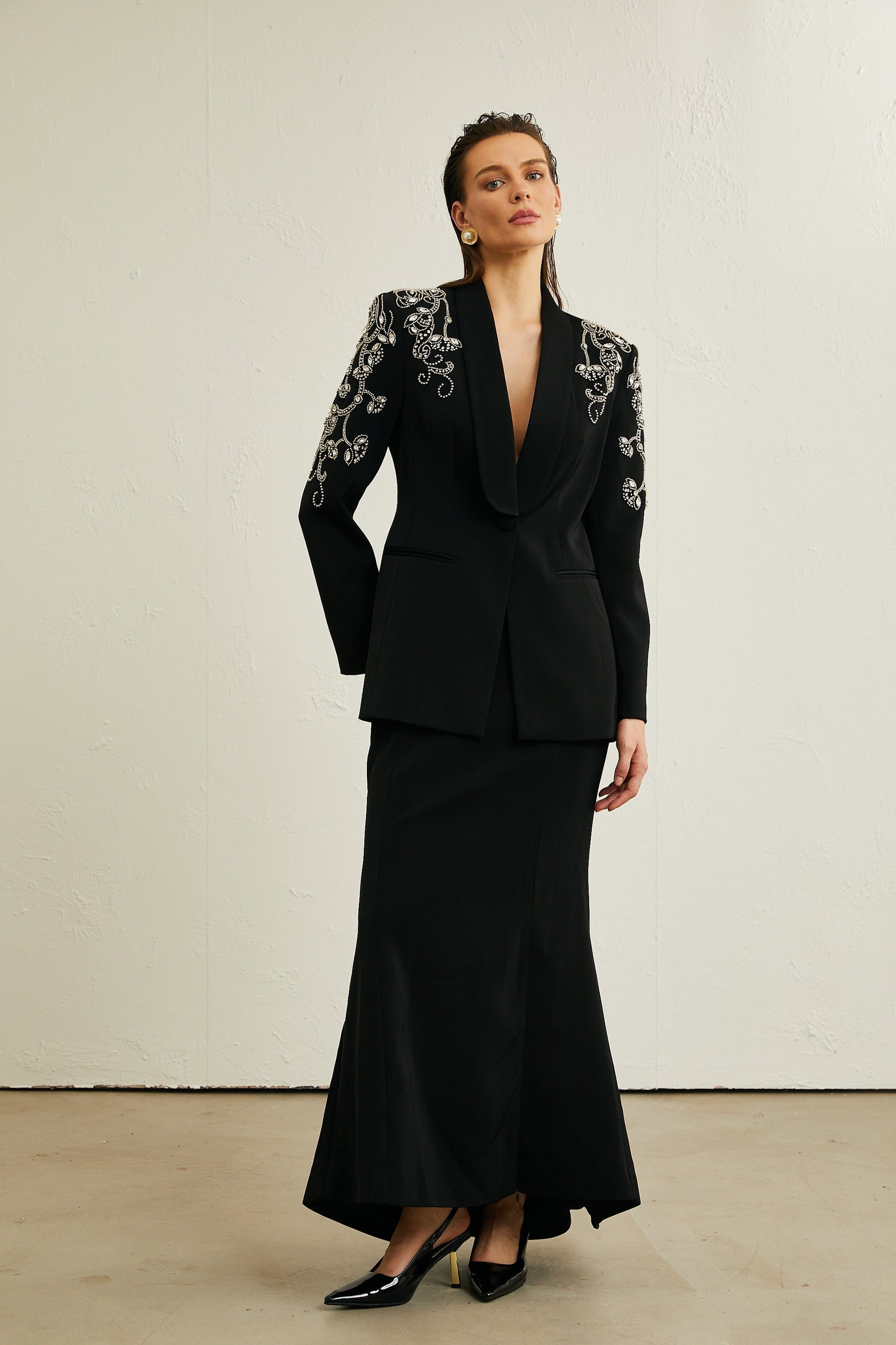 Morgane black embellished jacket  skirt matching set