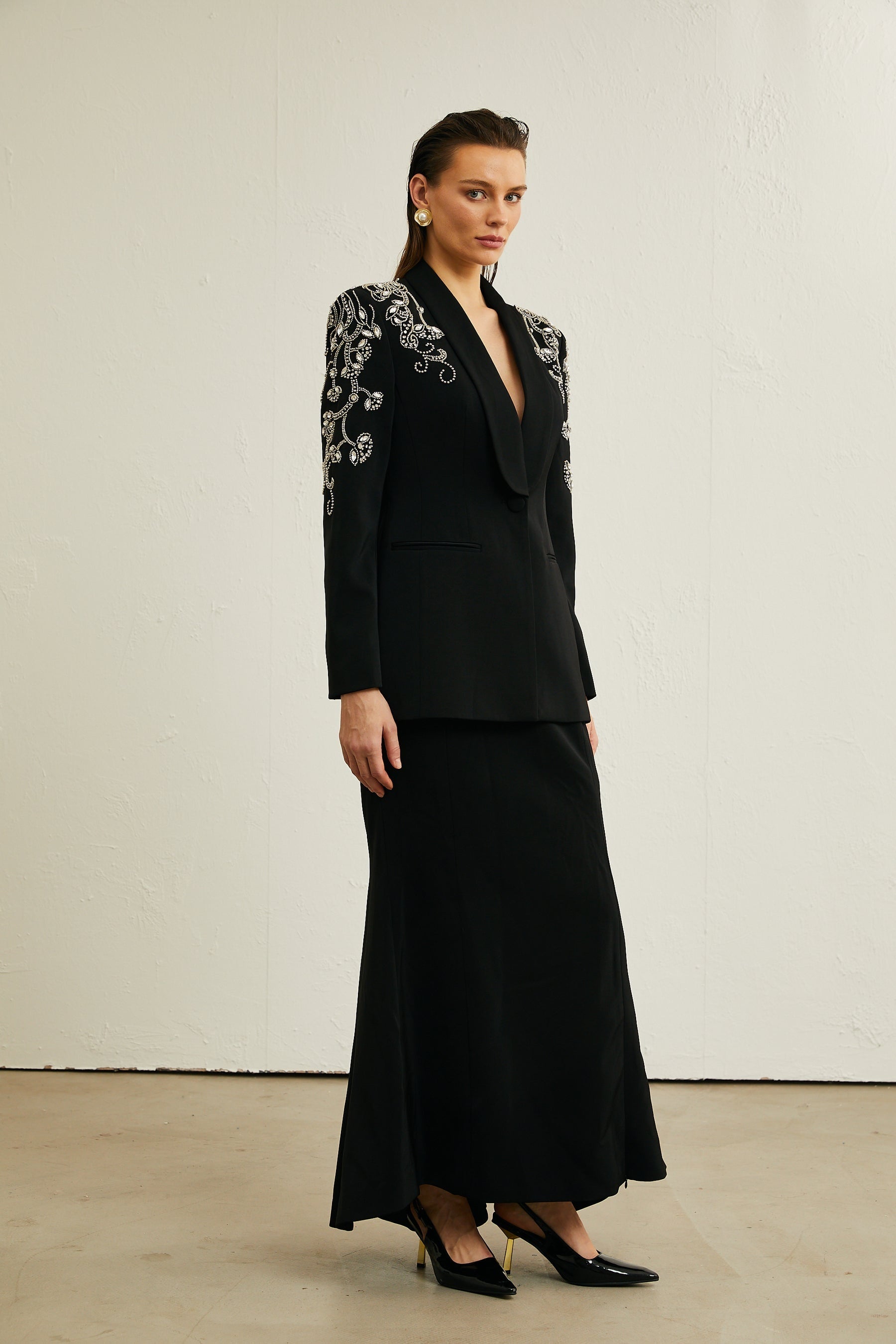 Morgane black embellished jacket  skirt matching set