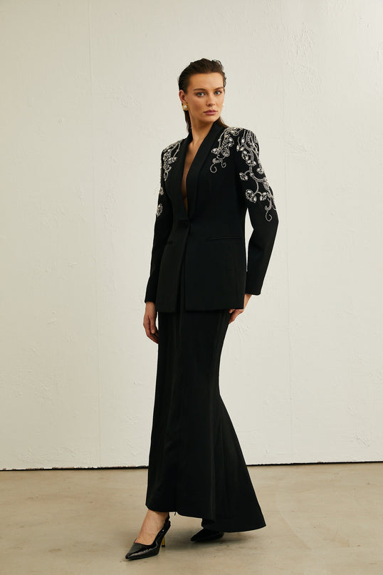 Morgane black embellished jacket  skirt matching set