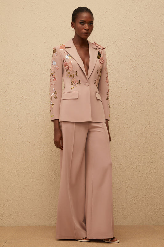 Morgane Dusty Pink Sequined Floral Blazer  Trousers Set