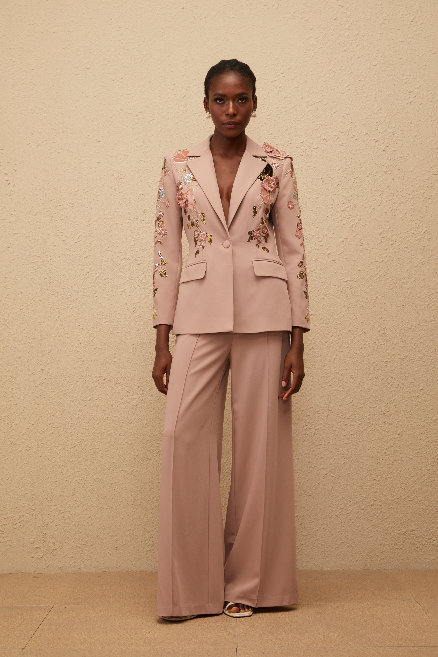 Morgane Dusty Pink Sequined Floral Blazer  Trousers Set