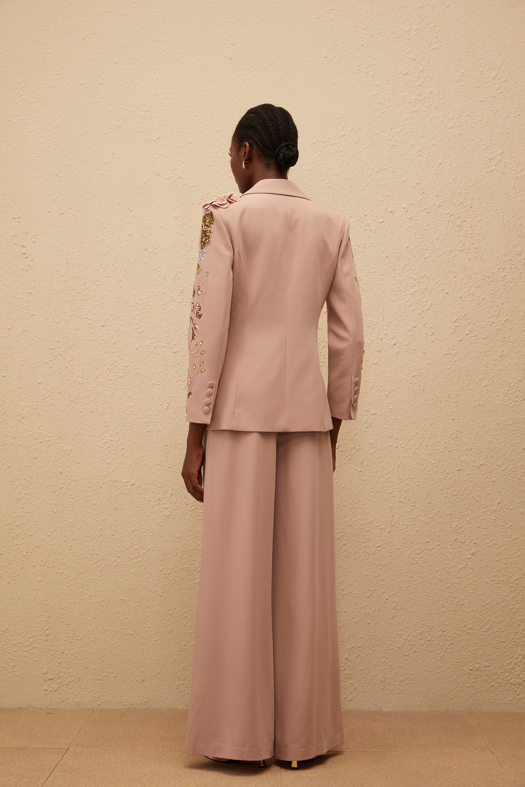 Morgane Dusty Pink Sequined Floral Blazer  Trousers Set