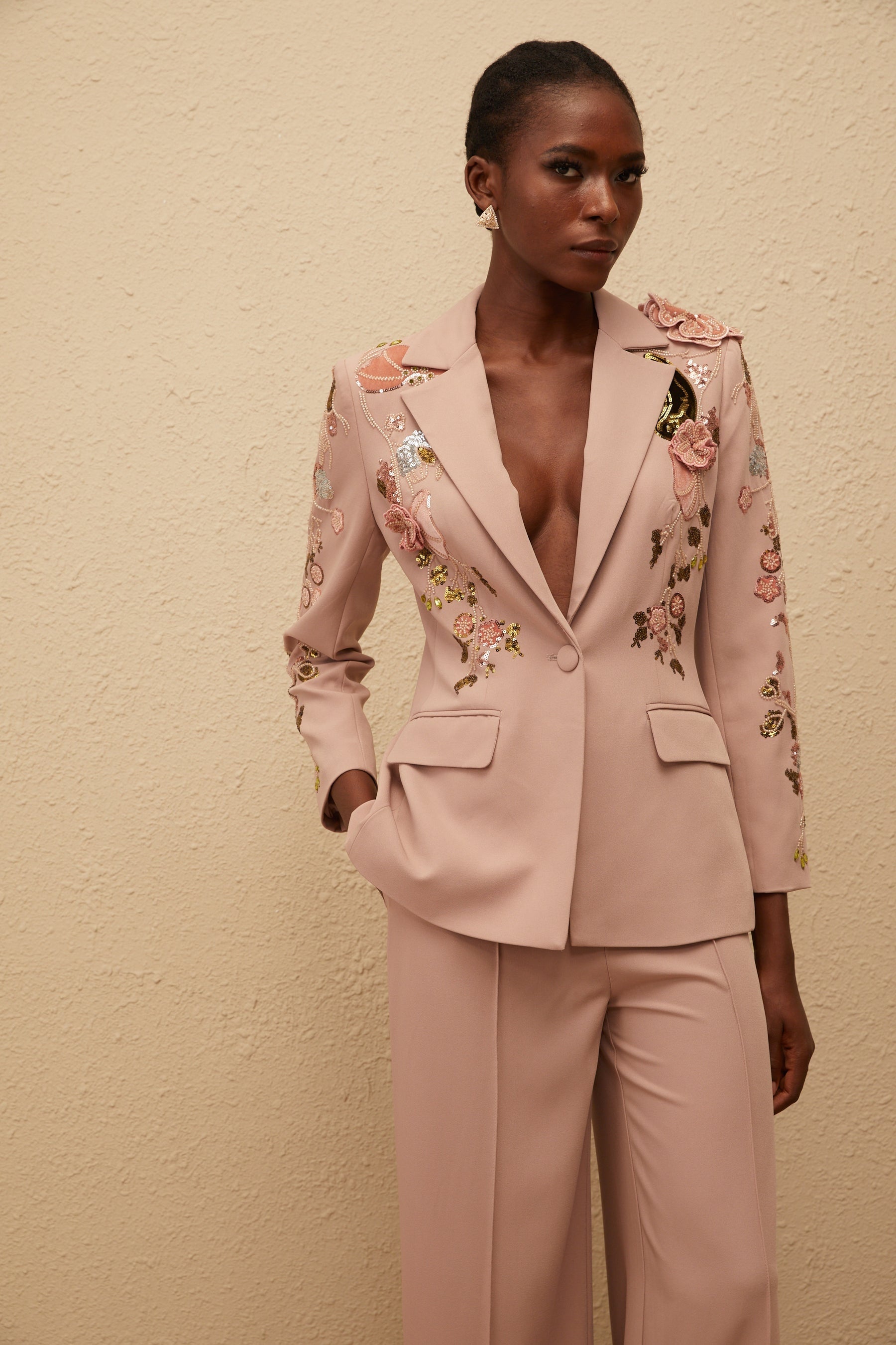 Morgane Dusty Pink Sequined Floral Blazer  Trousers Set