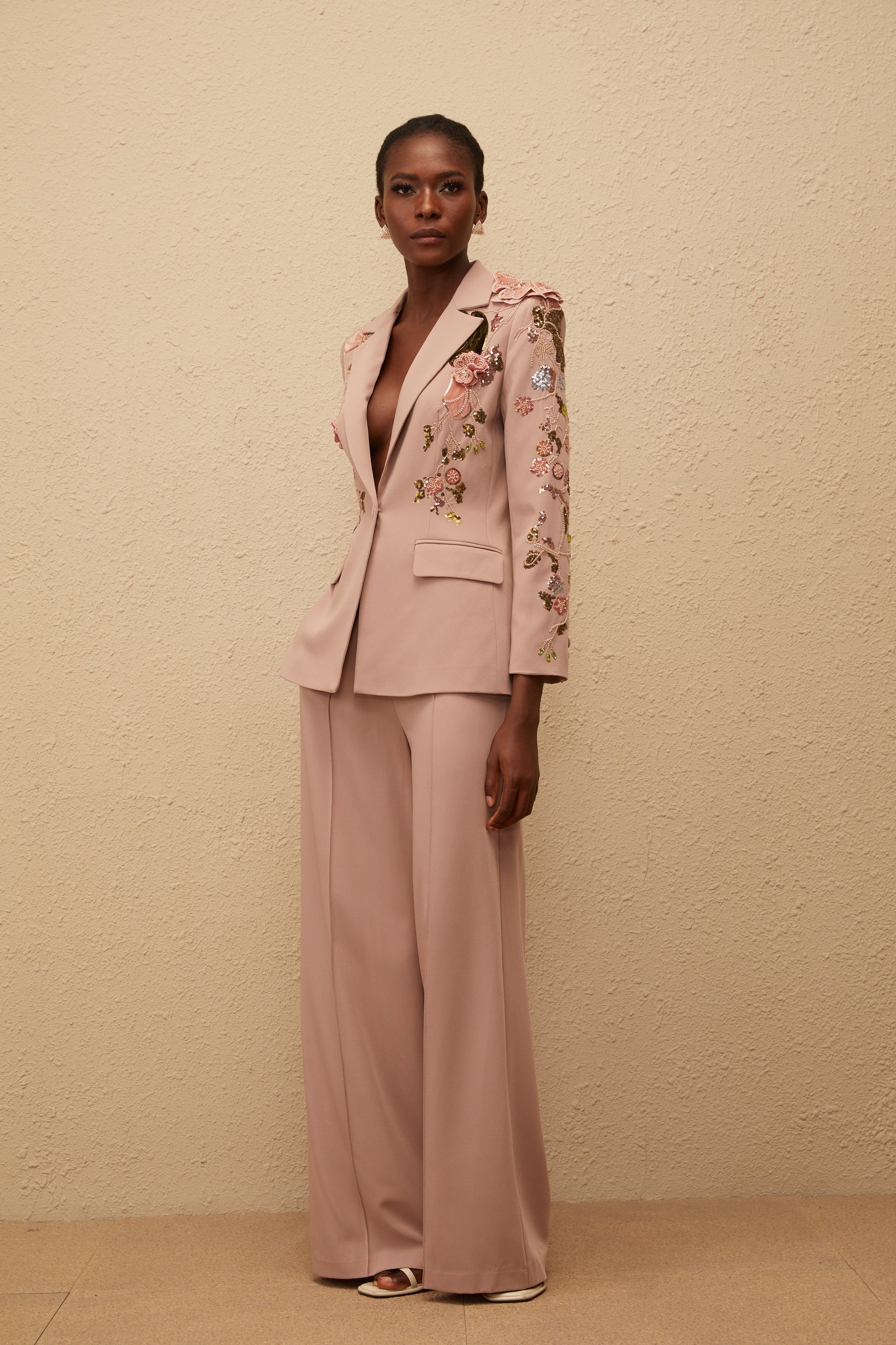 Morgane Dusty Pink Sequined Floral Blazer  Trousers Set