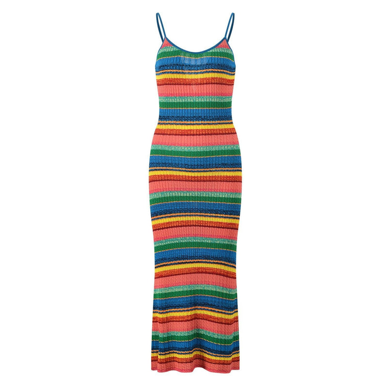 Multicolor striped bodycon dress in bright reds, greens, yellows, and blues for summer wear