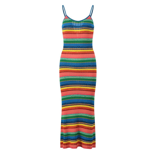 Multicolor striped bodycon dress in bright reds, greens, yellows, and blues for summer wear
