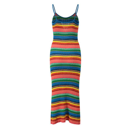 Multicolor Striped Bodycon Dress in Bright Reds Greens Yellows Blues
