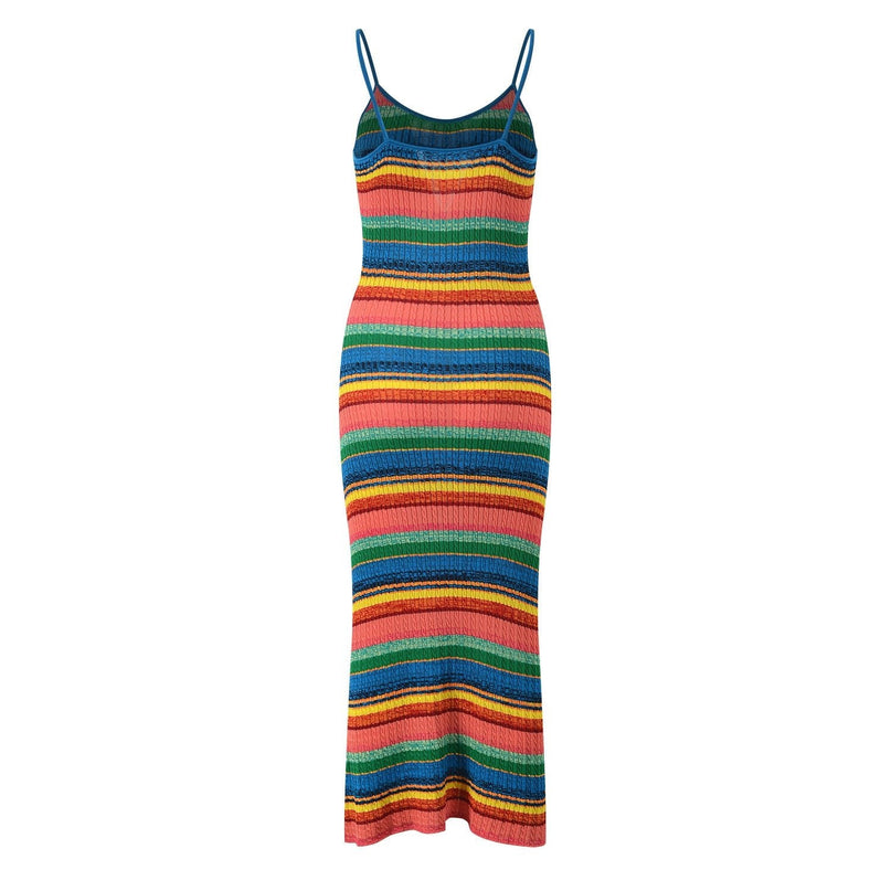 Multicolor striped bodycon dress in bright reds, greens, yellows, and blues for summer wear