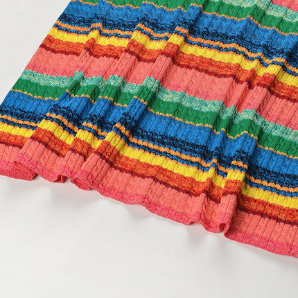 Multicolor striped bodycon dress in bright reds, greens, yellows, and blues