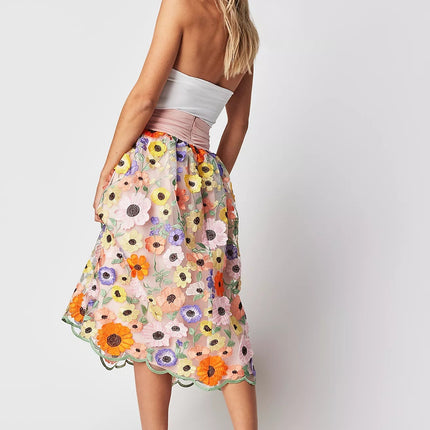 Multicolored floral embroidered A-line skirt with high-waist in soft pastel palette