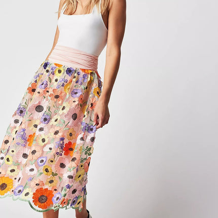 Multicolored floral embroidered A-line skirt with bohemian charm and vintage elegance