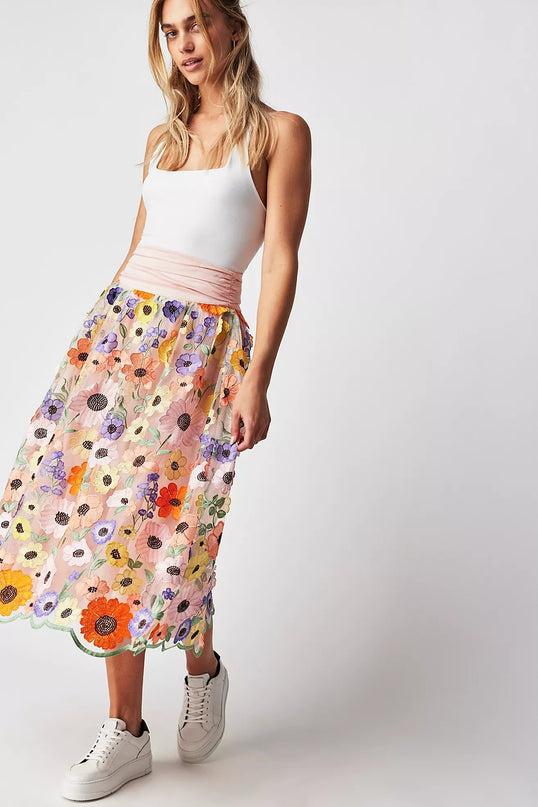 Multicolored floral embroidered A-line skirt with bohemian charm and vintage elegance