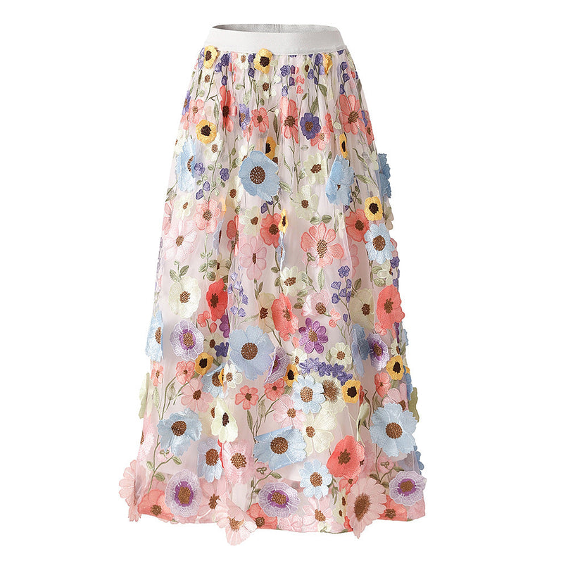 Multicolored floral embroidery A-line skirt in soft pastel palette with vibrant accents