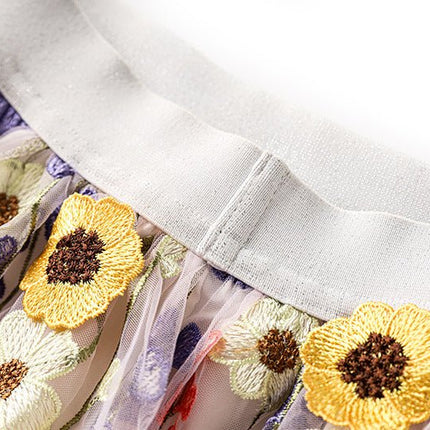 Multicolored floral embroidery A-line skirt in soft pastel palette with vibrant accents