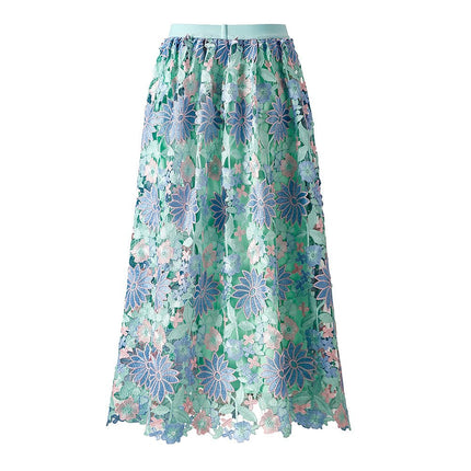 Multicolored floral lace A-line skirt with high-waisted fit and scalloped hem