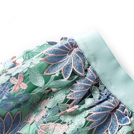 Multicolored floral lace A-line skirt with high-waisted fit and intricate detailing