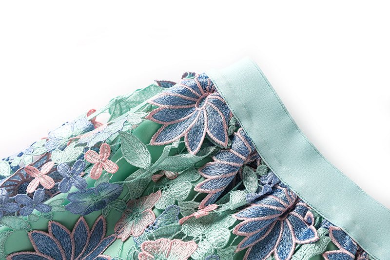 Multicolored floral lace A-line skirt with high-waisted fit and intricate detailing