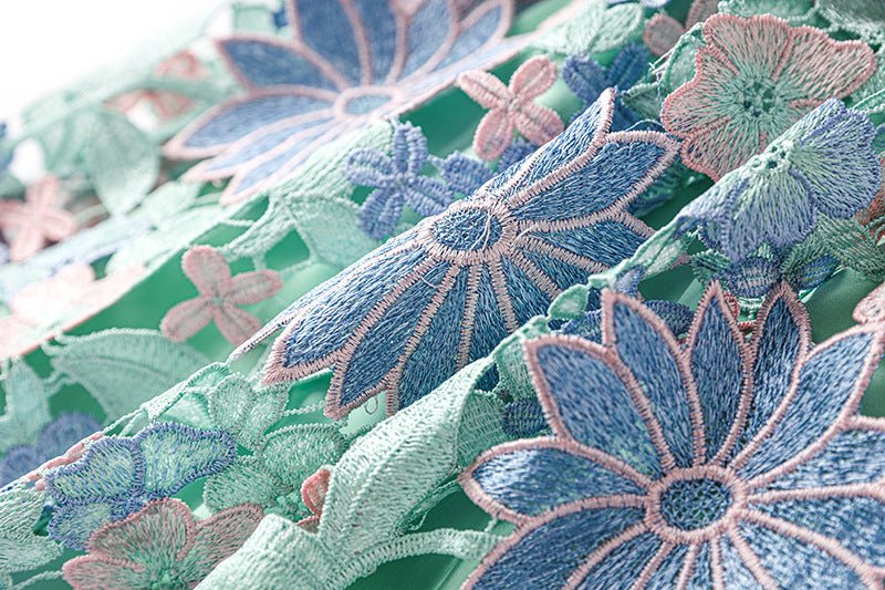 Multicolored floral lace A-line skirt with high-waisted fit and intricate detailing