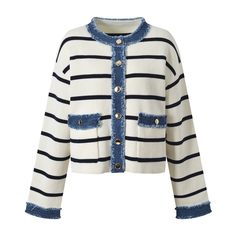 Multicolored striped cropped boxy top with denim accents in cream and navy