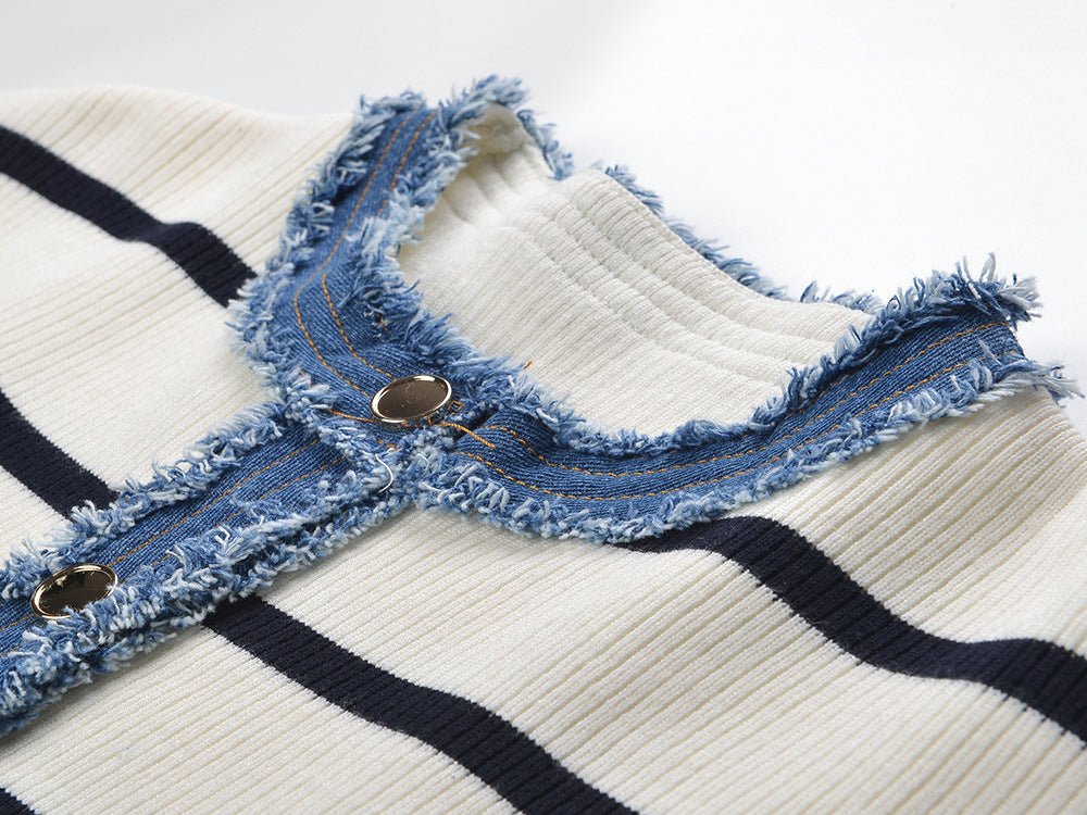 Multicolored striped cropped sweater with denim accents