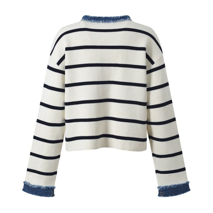 Multicolored striped cropped top with denim accents in cream and navy