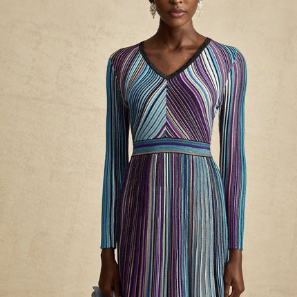 Myla Blue Metallic Threaded Ribbed Knit Midi Dress with Vertical Stripe Pattern