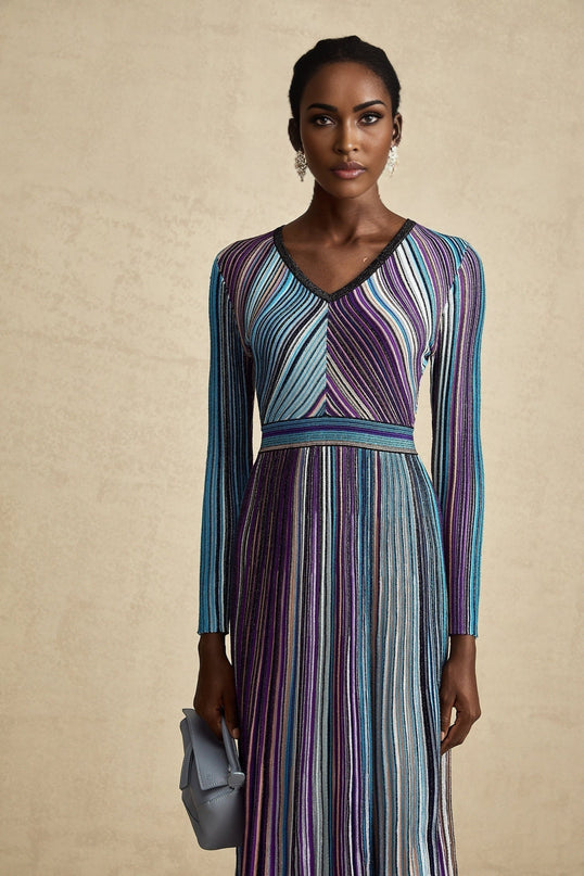 Myla Blue Metallic Threaded Ribbed Knit Midi Dress with Vertical Stripe Pattern