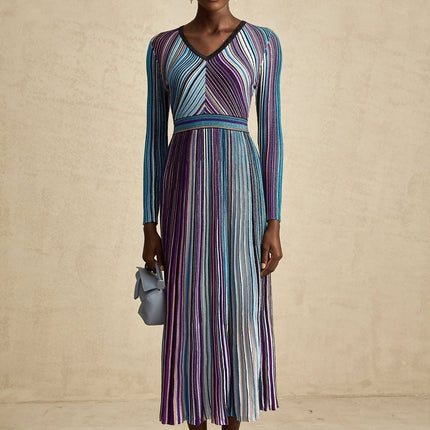 Myla Blue Metallic Threaded Ribbed Knit V-Neck Midi Dress