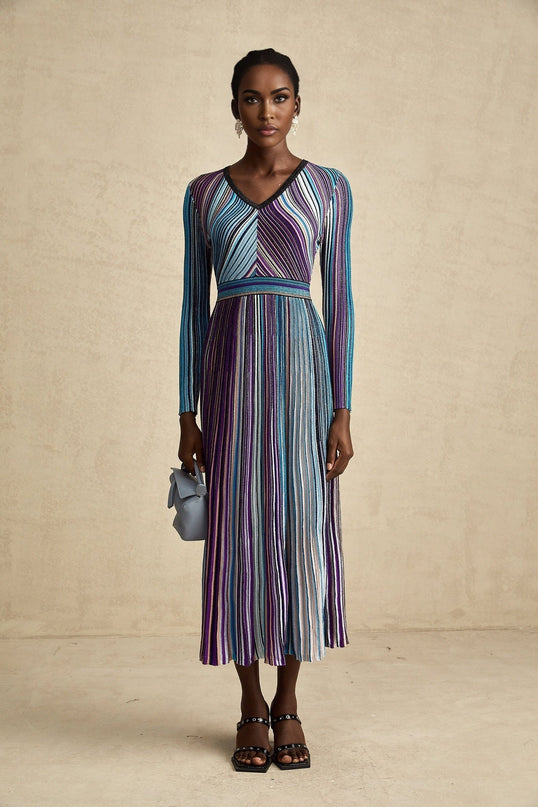 Myla Blue Metallic Threaded Ribbed Knit V-Neck Midi Dress