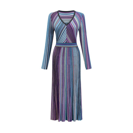 Myla Blue Ribbed Knit V-Neck Metallic Threaded Pleated Midi Dress