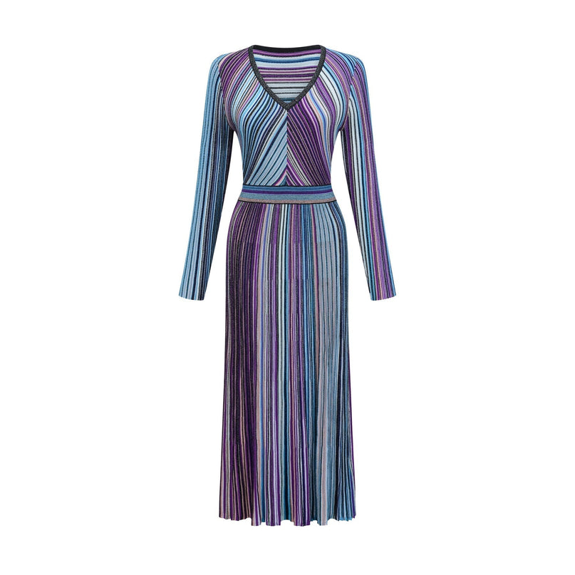 Myla Blue Ribbed Knit V-Neck Metallic Threaded Pleated Midi Dress