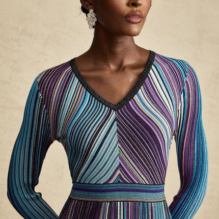 Myla Blue Ribbed Knit V-Neck Midi Dress with Metallic Threading and Pleat Detailing