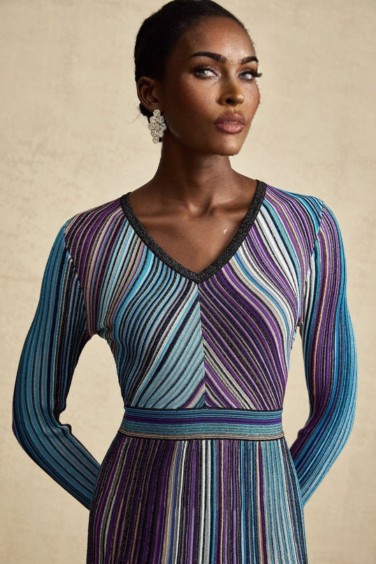 Myla Blue Ribbed Knit V-Neck Midi Dress with Metallic Threading and Pleat Detailing