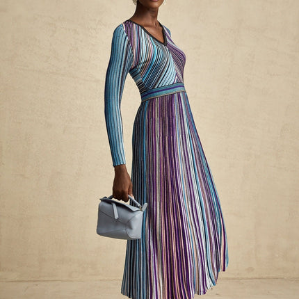 Myla Blue Ribbed Knit Midi Dress with Metallic Threading and Pleat Detailing