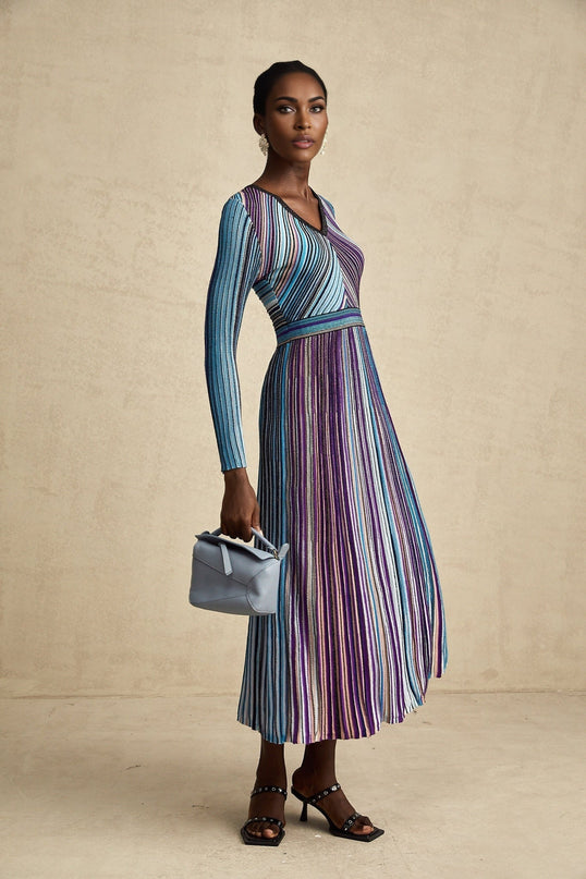 Myla Blue Ribbed Knit Midi Dress with Metallic Threading and Pleat Detailing